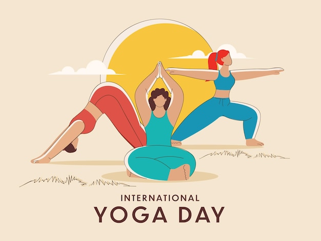 International Yoga Day Concept With Faceless Young Ladies Practicing Asana Pose In Three Style