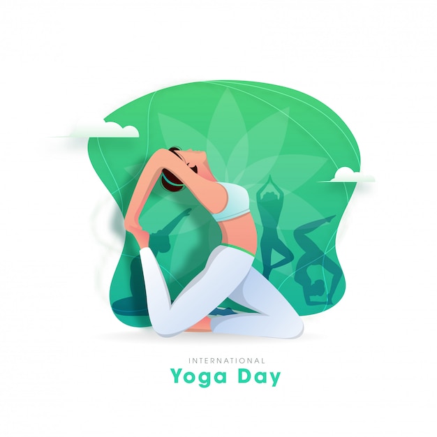 Vettore concetto internazionale di giorno di yoga con yoga facente femminile asana nelle pose differenti su fondo astratto.