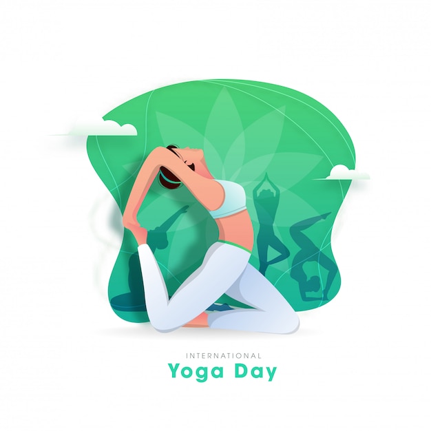 International Yoga Day Concept with Female Doing Yoga Asana in Different Poses on Abstract Background.