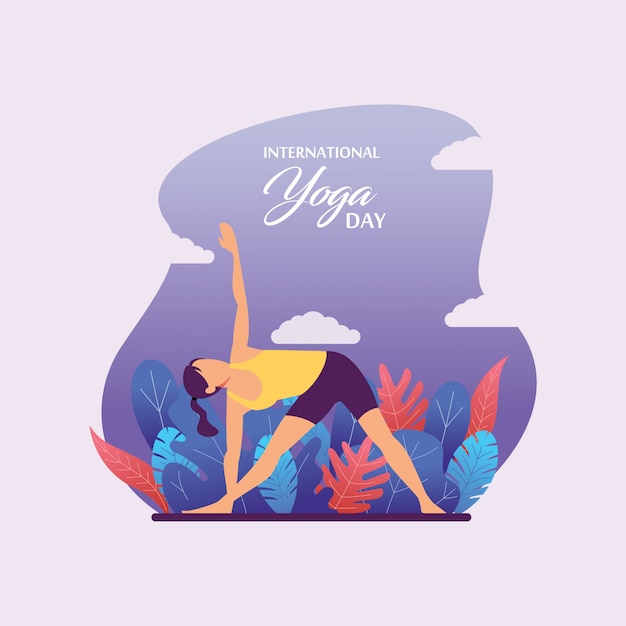 Illustrazione piana di giorno internazionale di yoga con il fondo di paesaggio della natura