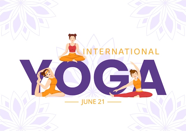 International Yoga Day Illustration on June 21 with Woman Doing Body Posture Practice or Meditation