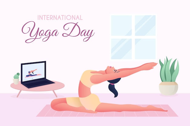 Giornata internazionale dello yoga lezioni di yoga online ragazza che fa yoga con il laptop