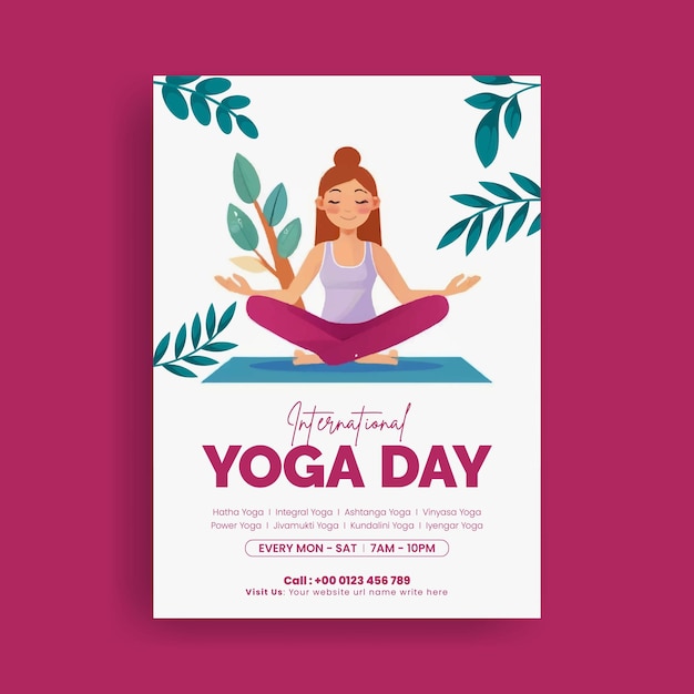 international yoga day print flyer or poster template with yoga girl illustration background
