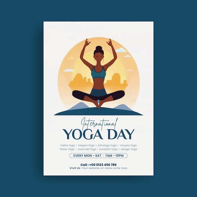 international yoga day print flyer or poster template with yoga girl illustration background