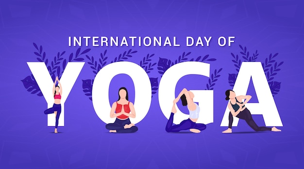 Vettore banner di illustrazione vettoriale della giornata internazionale dello yoga con disegno di meditazione della donna