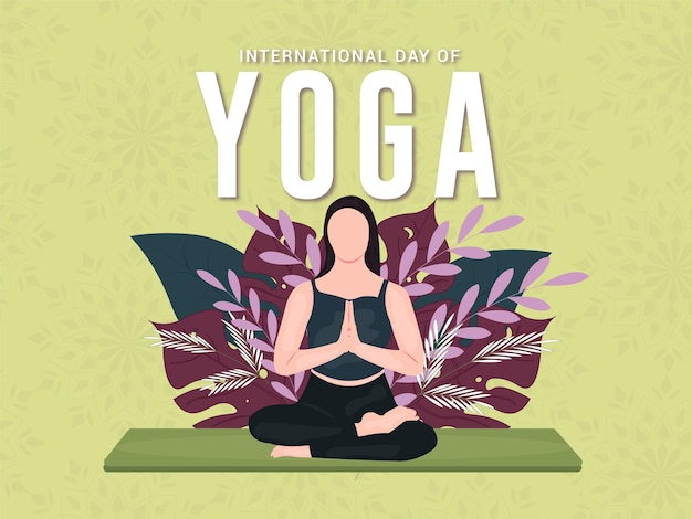Banner di illustrazione vettoriale della giornata internazionale dello yoga con disegno di meditazione della donna
