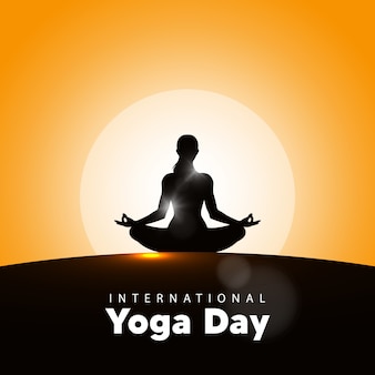 Illustrazione di vettore di giornata internazionale dello yoga, alba sfondo. yoga day il 21 giugno.