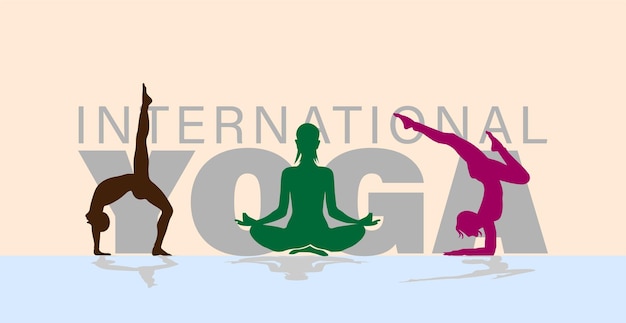 Vector international yoga day with 3 yoga silhouette with reflection on ground