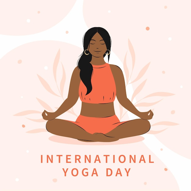 Vector international yoga day. woman with dark skin and hair meditating, practicing yoga.