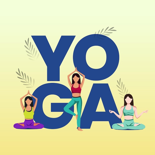 Международный день йоги Поза тела йоги с текстом Женщина практикует йогу векторная иллюстрация