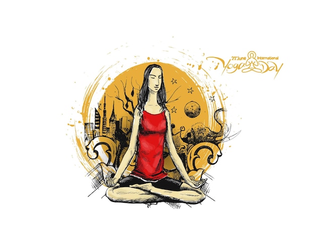 International Yoga Day Young Woman Meditates Abstract Post Ad Banner Vector illustration