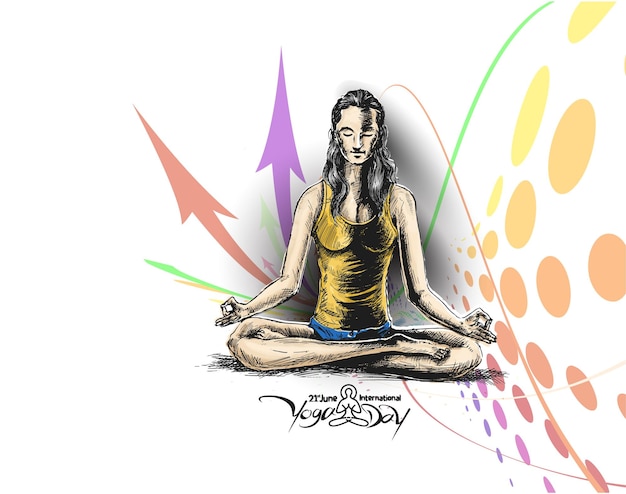 International Yoga Day Young Woman Meditates Abstract Post Ad Banner Vector illustration