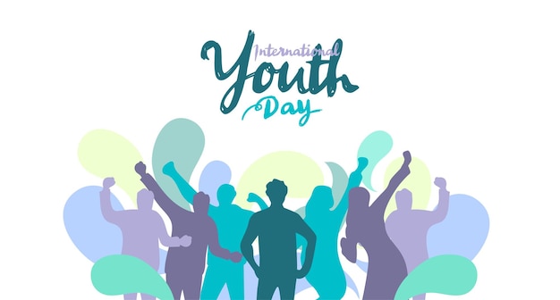 International Youth Day Banner met kalligrafie Hand getrokken jonge mensen silhouet