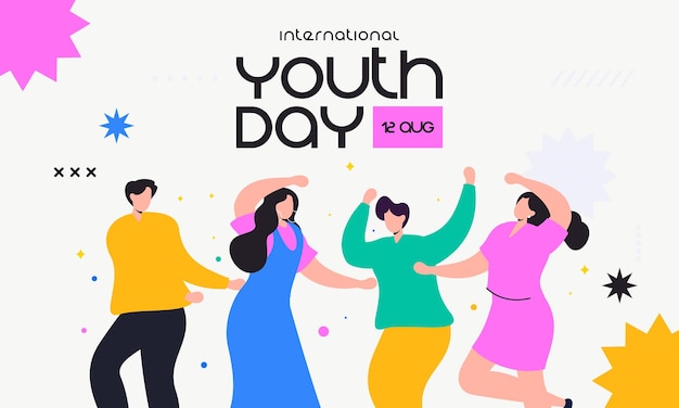 행복한 춤을 추는 젊은이들과 국제 청소년의 날 축하 플래트 디자인 일러스트레이션