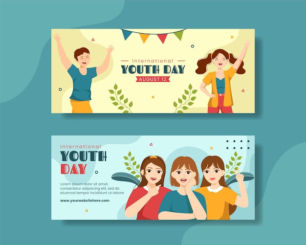 Vector international youth day horizontal banner flat cartoon hand drawn templates background illustration