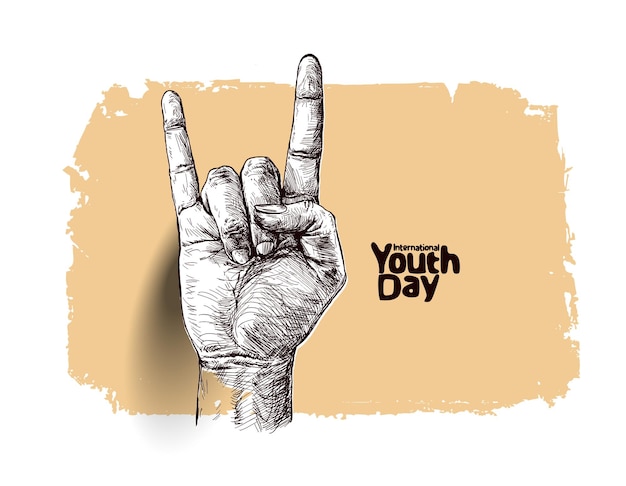 International youth day rock and roll sign with text sketch illustration Design