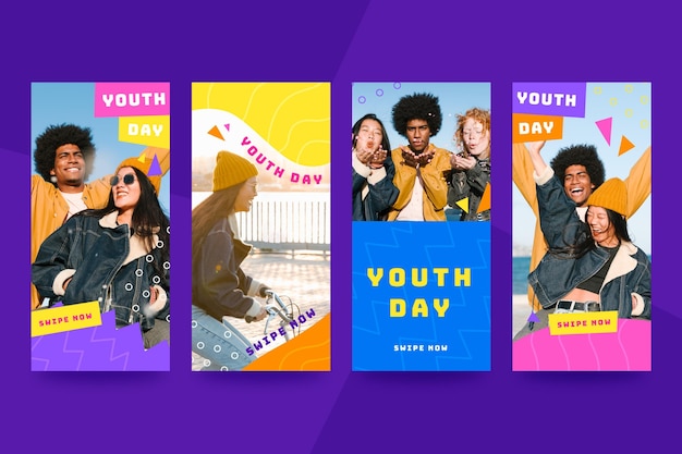 Vector international youth day stories collection with photo