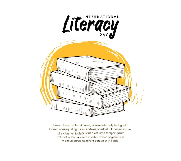 Internationale alfabetiseringsdag met boekenillustratie en gele borstel die op witte achtergrond wordt geïsoleerd