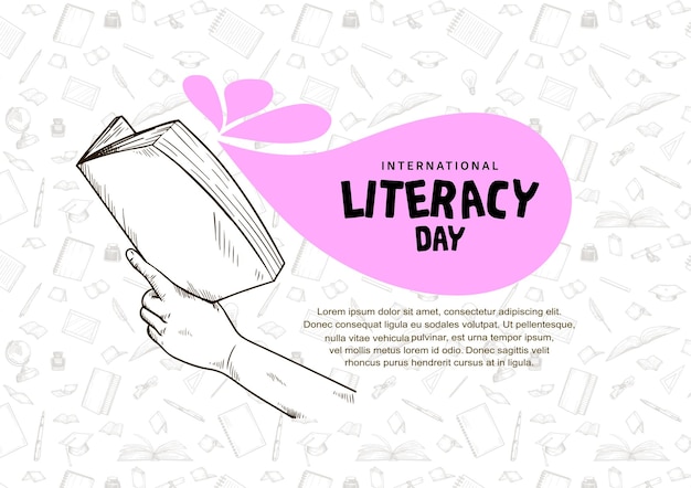 Internationale alfabetiseringsdag met hand die boeken houdt die op witte achtergrond worden geïsoleerd