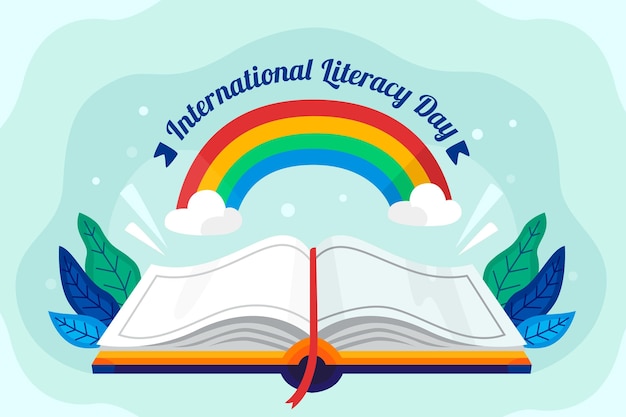 Internationale alfabetiseringsdag met open boek en regenboog