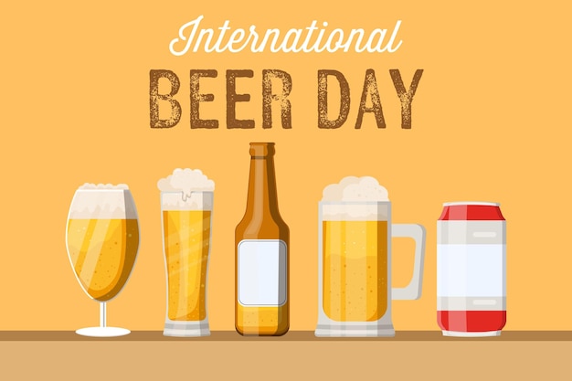 Internationale bierdag achtergrond illustratie met flesjes en glazen bier