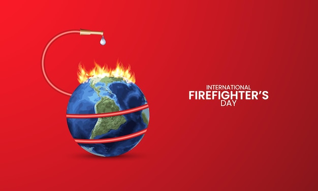 Internationale brandweerman dag brand nozzle whit wereldkaart vuur red de wereld water druppel
