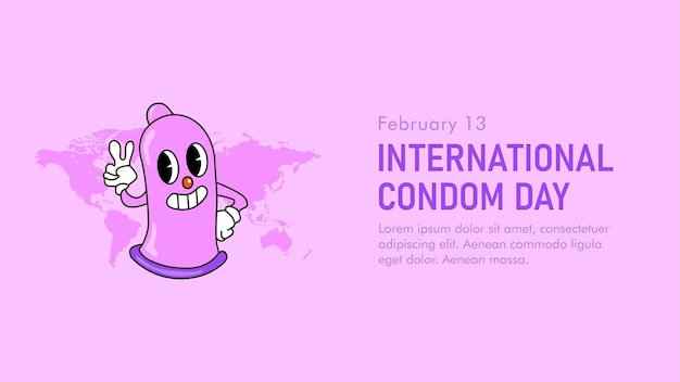 Internationale condoomdag banner met condoom stripfiguur