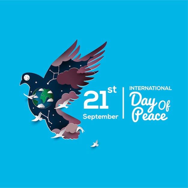 internationale dag van vrede papercut stijl wenskaart met duif en globe