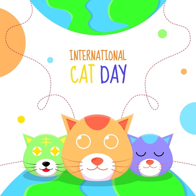 internationale kattendag illustratie veel katten wereldbol plat kleurrijk modern concept voor groet