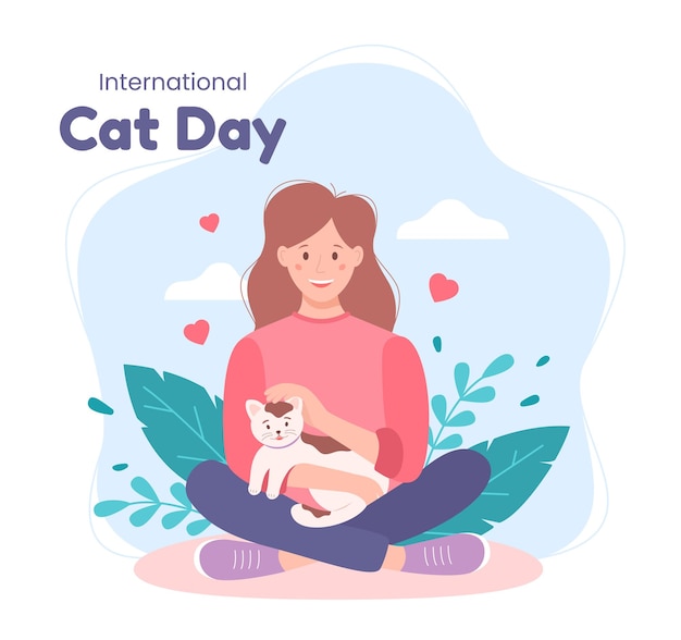 Internationale kattendag menselijke, vlakke stijl. Schattig vectorillustratie.