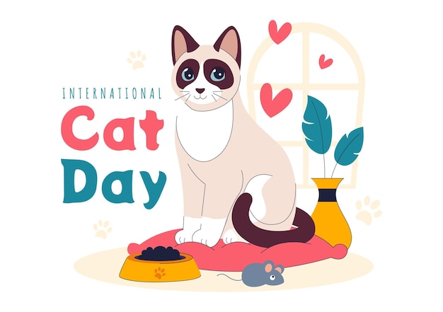 Internationale Kattendag Vector Illustratie op 8 augustus met een viering van katten Dierlijke liefde en gezelschap in een platte cartoon achtergrond