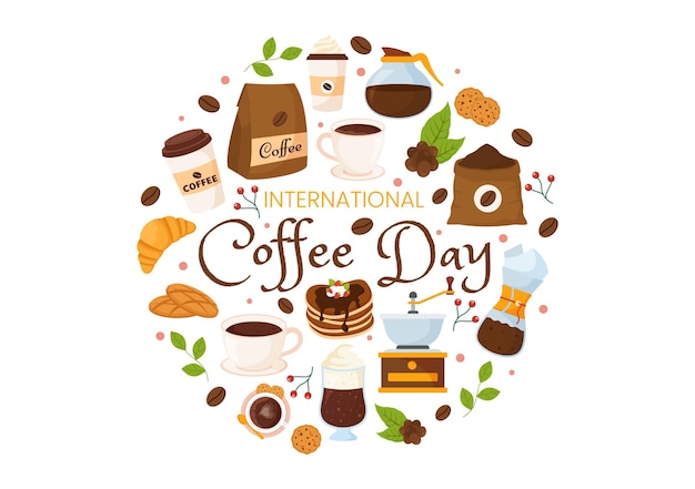 Vector internationale koffie dag vector illustratie op 1 oktober met geurige drank en bruine achtergrond