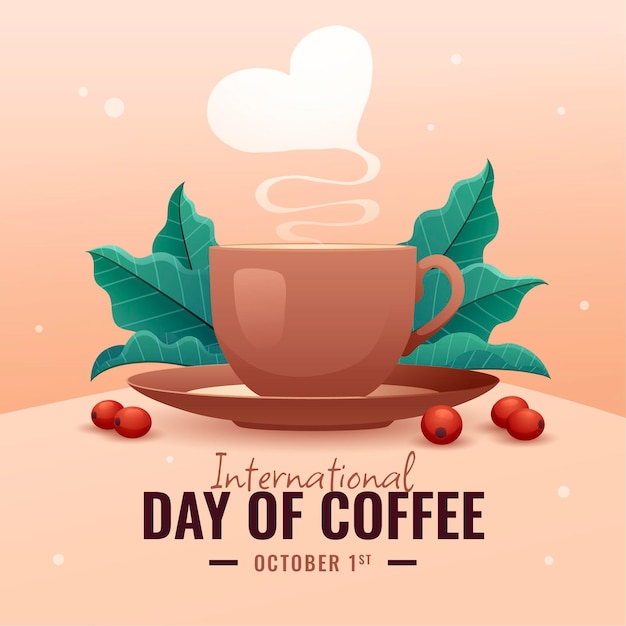 Vector internationale koffiedag illustratie met koffiemok en koffiebonen