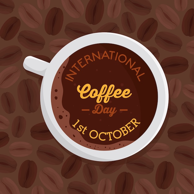 Internationale koffiedag poster, 1 oktober, met luchtfoto van kopje koffie illustratie ontwerp