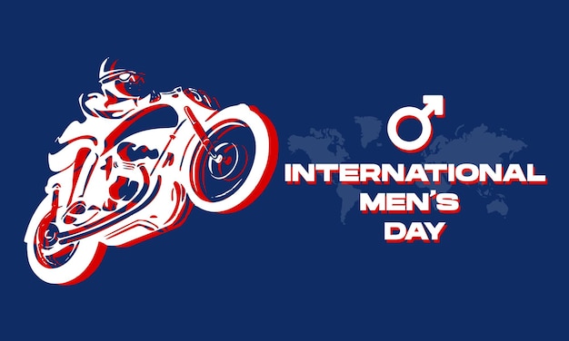 Internationale mannendag met motorfiets en wereldkaart blauwe achtergrond. Voor poster, spandoek