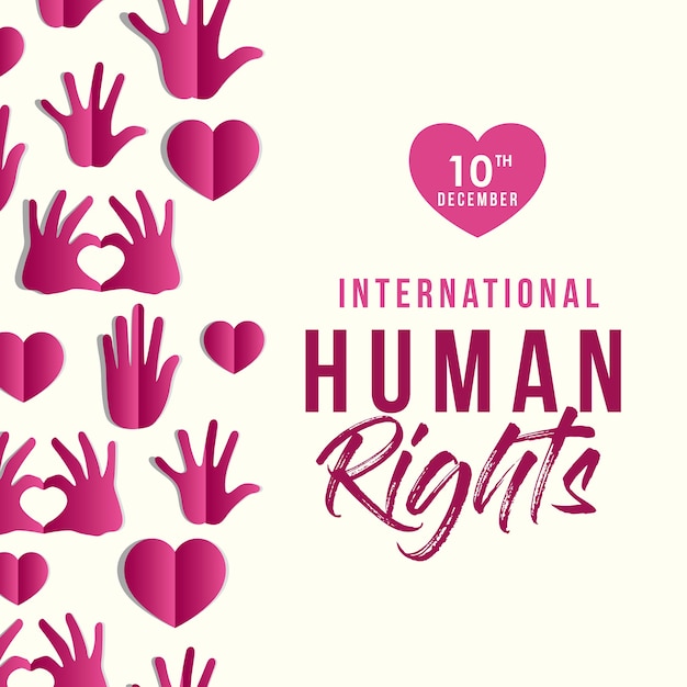 Internationale mensenrechten en roze handen met hartjesontwerp, thema van 10 december.