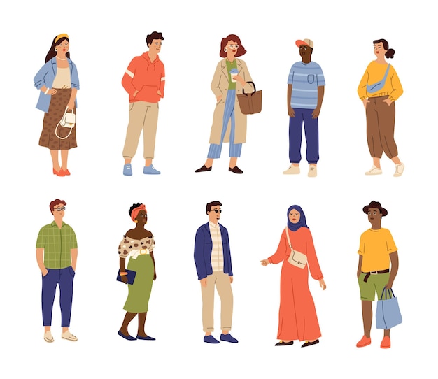 Internationale modekarakters. Volwassenen persoon, werkende tieners samen. Geïsoleerde jonge mensen, diversiteit mooie man vrouw vector set. Illustratie kleding mensen, karakters modieus model