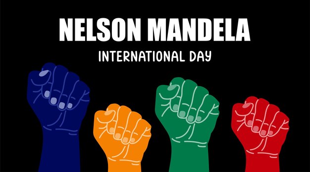 Internationale Nelson Mandela Day vector illustratie handen sterkte eenheid en macht poster banner