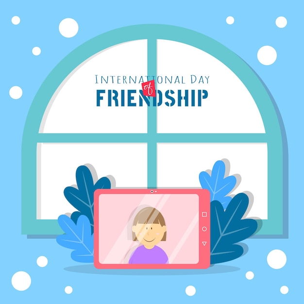 Internationale Vriendschapsdag met een videogesprek van een vriend via een tablet naast het raam