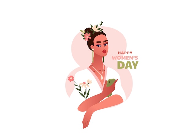 Internationale Vrouwendag. 8 maart. Sterke gelukkige vrouw met bloemen en de smartphone. sjabloon met mooie vrouwen