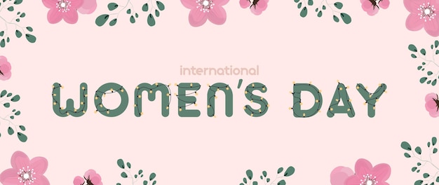 Internationale Vrouwendag banner. Klaar poster over het thema van 8 maart. Roze achtergrond, bloemen en bladeren. Vector.