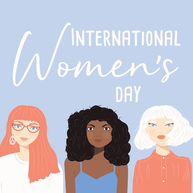 Internationale vrouwendag bord met portretten van drie verschillende vrouwen