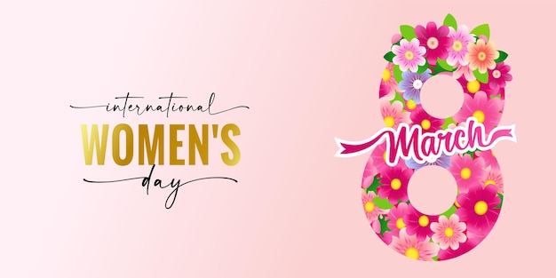 Internationale Vrouwendag elegante letters en roze bloemen. Bloemen nummer 8. Vrouwendagbanner