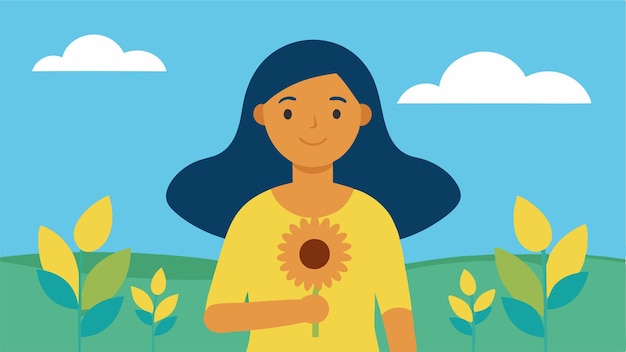 Internationale Vrouwendag Vrouw met zonnebloem in het open veld glimlachende platte vectorillustratie