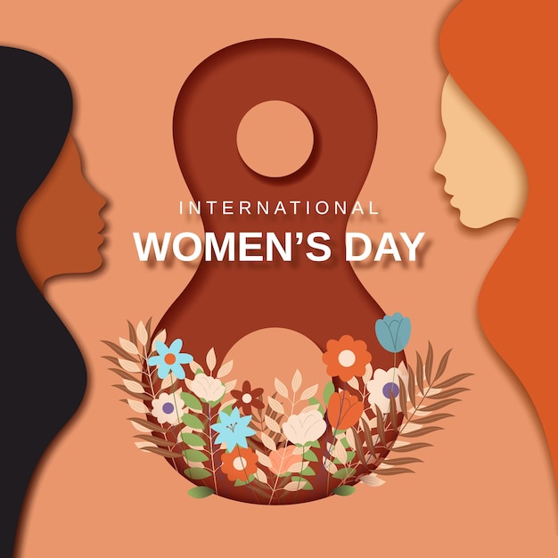 Internationale Women39s Day wenskaart 8 maart Women39s silhouetten met bloemen in papierstijl