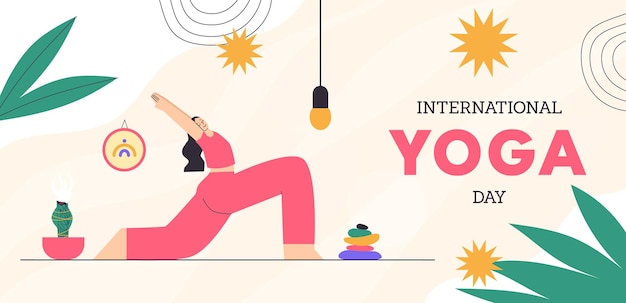 Internationale yoga dag banner Vrouw beoefenen van yoga in krijger pose Vector hand getrokken