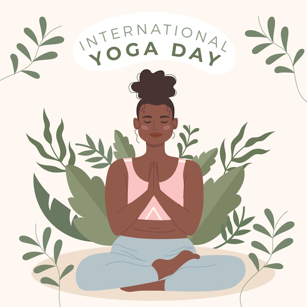 Internationale yoga dag handgetekende platte yoga illustratie