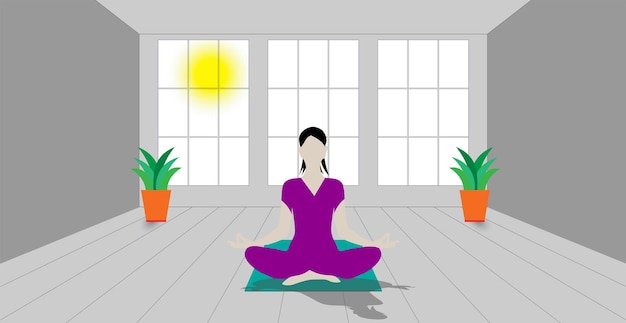 Internationale yogadag 21 juni een meisje dat mediteert in een vroege ochtend vectorillustratie