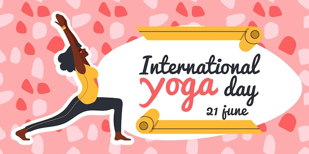 Vector internationale yogadag afro-amerikaanse vrouw die yoga-oefeningen doet vlakke vectorillustratie