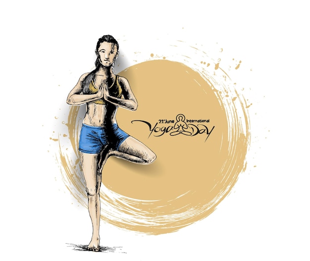 Vector internationale yogadag jonge vrouw mediteert abstracte postadvertentiebanner vectorillustratie